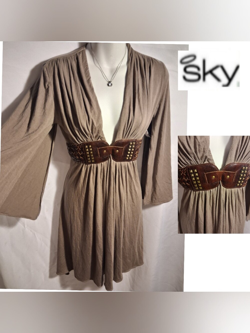 Sky Taupe V-Neck Long Sleeve Tunic with Studded 100% Genuine Leather Brown Belt.